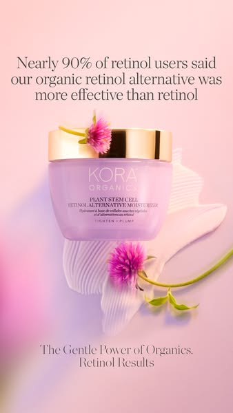 This ad promotes Kora Organics' Plant Stem Cell Retinol Alternative Moisturizer. It highlights that nearly 90% of re