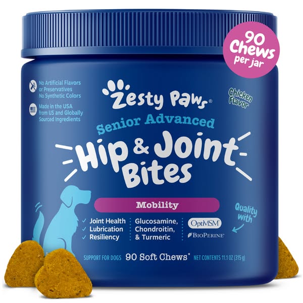 This ad features Zesty Paws Senior Advanced Hip & Joint Bites. The ad highlights the product's key features and 