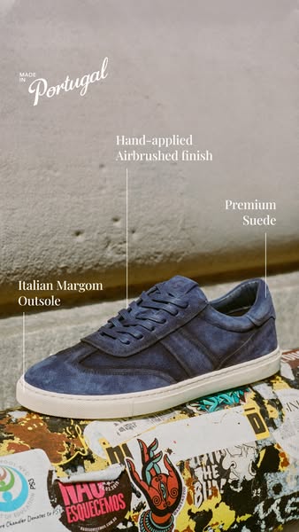 This ad showcases a blue suede sneaker with a white sole. The ad highlights the shoe's premium materials and handcra