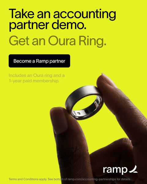 An ad by Ramp promoting a limited-time offer to accounting partners, which includes an Oura ring and a 1-year paid membe