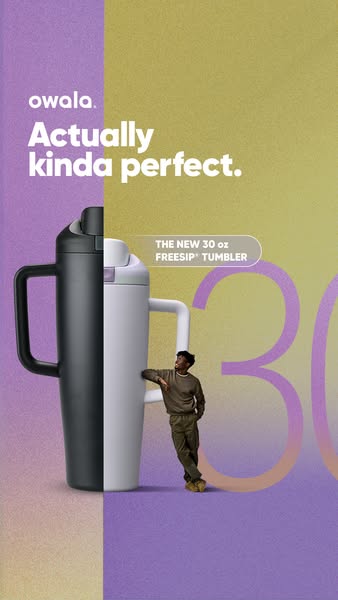 This ad promotes Owala's new 30oz FreeSip Tumbler, emphasizing its practical design and appealing to consumers looki