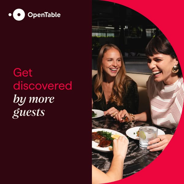 This image ad for OpenTable features two women laughing at a restaurant table, with the headline "Get discovered by