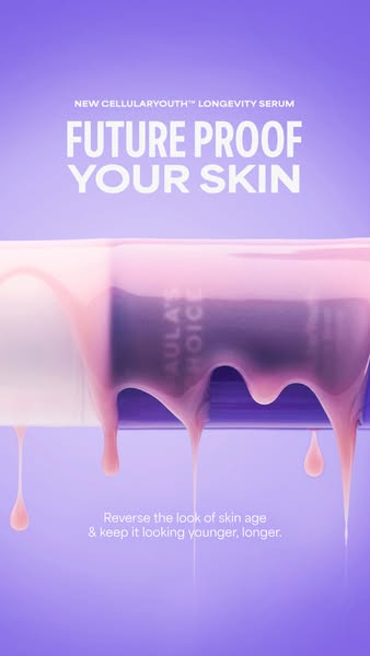 This ad promotes Paula's Choice Cellular Youth Longevity Serum. The ad features a close-up of the product bottle wit