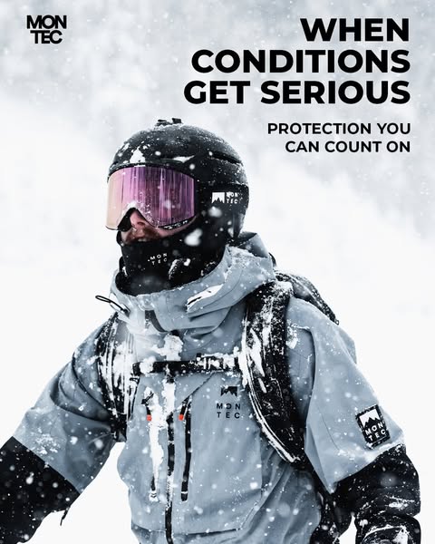 This ad for Mon Tech promotes outdoor gear that offers protection in serious conditions. The brand logo is shown in the 