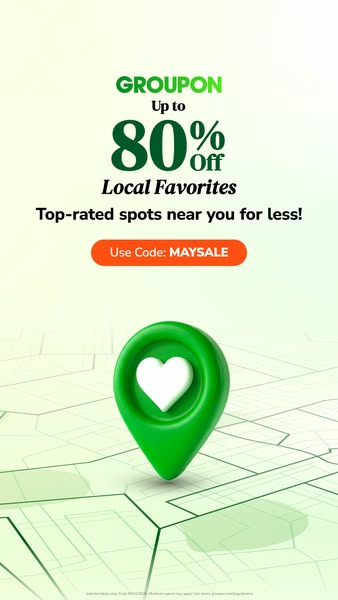 This ad promotes Groupon discounts, particularly highlighting up to 80% off local favorites. It features a prominent Gro