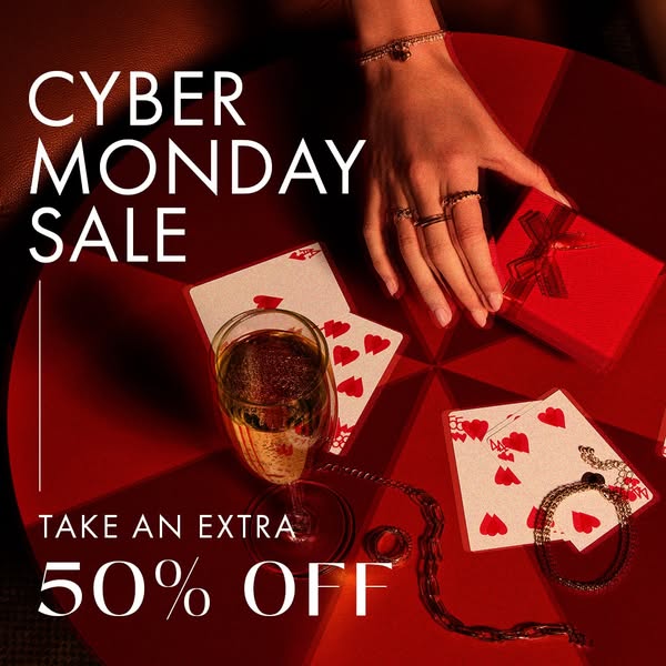 This image ad promotes a Cyber Monday sale on jewelry. The ad features a red color scheme with jewelry pieces, playing c