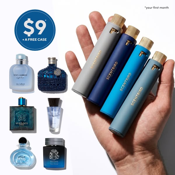 This image promotes the Scentbird subscription service. It features an offer for a \$9 trial month with a free case, jux