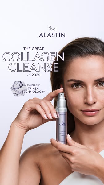 This ad features an image of a woman holding ALASTIN Skincare RESTORATIVE SKIN COMPLEX in front of her face to promote &