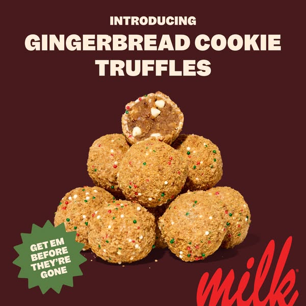 This ad showcases Milk Bar's Gingerbread Cookie Truffles. The ad uses a product-focused image and a limited-time off