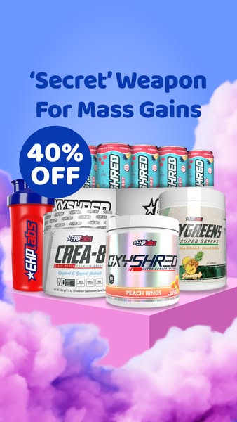 The ad promotes EHP Labs products, touting them as a secret weapon for mass gains and offering a 40% discount.