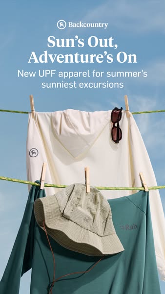 This image ad showcases a sun protective hoodie, long sleeve shirt, and sun hat, all of which are new UPF apparel for su