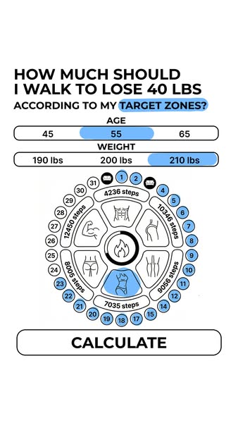 This is an advertisement for a calculator that tells you how much you should walk to lose 40 lbs based on your age and w