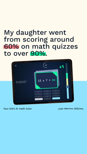 This image ad features a testimonial about a daughter's improved math scores using the brand's AI math tutor pro