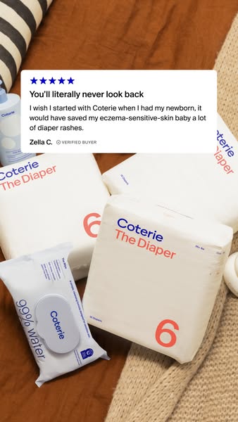 This ad promotes Coterie diapers and wipes, using a testimonial from a verified buyer who praises the product's abil