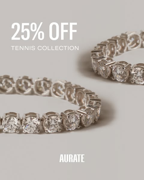 This ad showcases Aurate's tennis collection with a 25% off offer. The ad features a close-up shot of two tennis bra