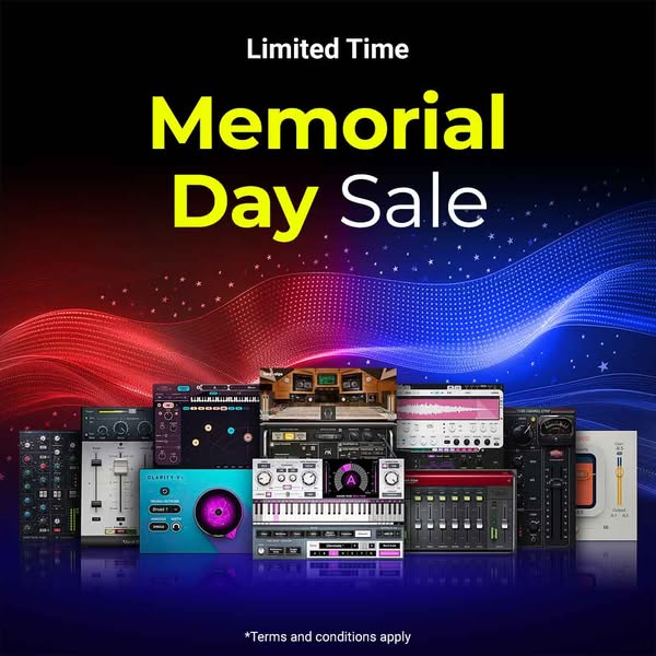 This ad is for a limited time memorial day sale on music software. The ad features a product stack of the different musi