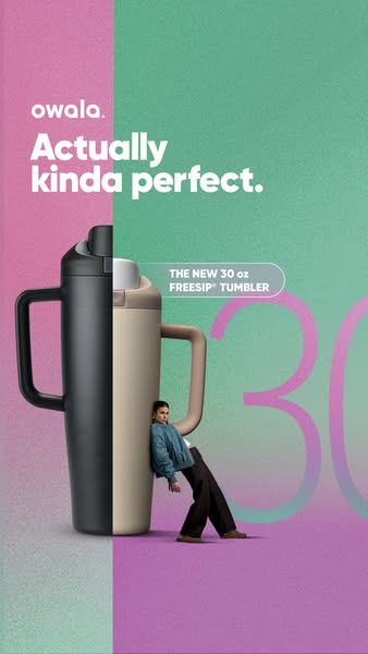 This Owala ad features two different color variations of the new 30oz FreeSip Tumbler. The ad points out the 30oz size o