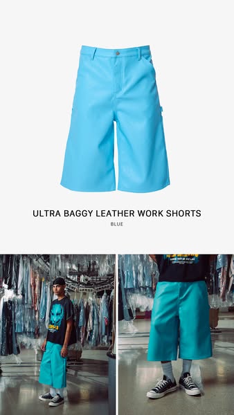 The ad showcases the brand's Ultra Baggy Leather Work Shorts in blue, emphasizing their unique style and appeal to a