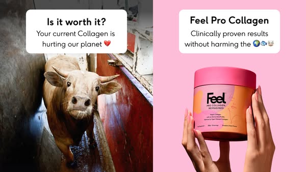 This ad compares the environmental impact of traditional collagen sources with Feel Pro Collagen, highlighting the brand