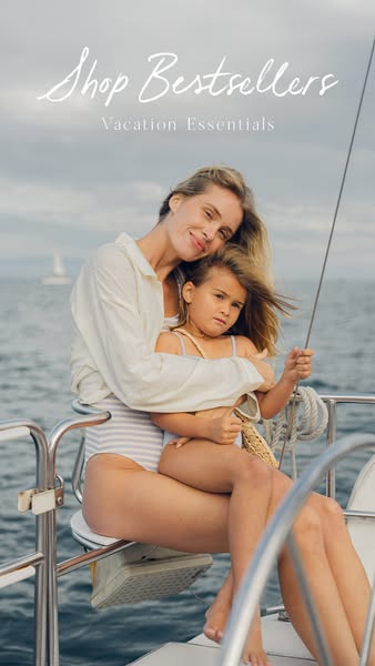 This ad features a woman and a child on a sailboat. The ad encourages viewers to shop bestsellers and vacation essential