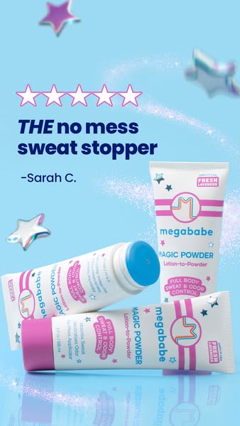 This image ad for Megababe's Magic Powder uses a testimonial, star rating, and clean product shot to communicate tha