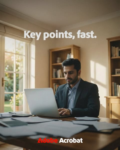 The ad shows a man working from home on his laptop with various documents surrounding him. The message conveyed is that 