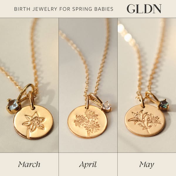 This image ad highlights GLDN's birth jewelry collection for spring babies, specifically necklaces representing the 