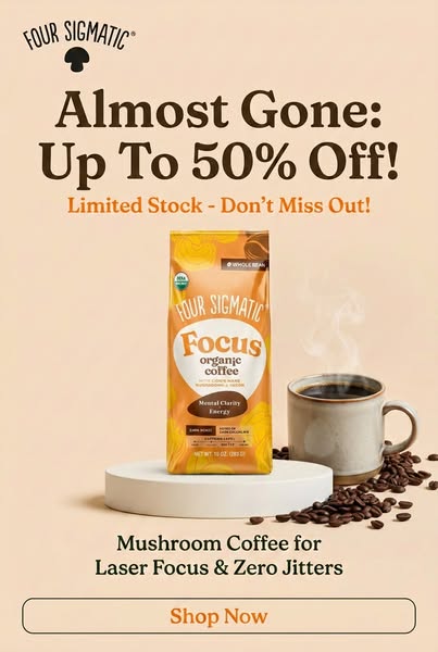 This image ad showcases Four Sigmatic's Focus Organic Coffee and highlights a limited-time offer of up to 50% off du