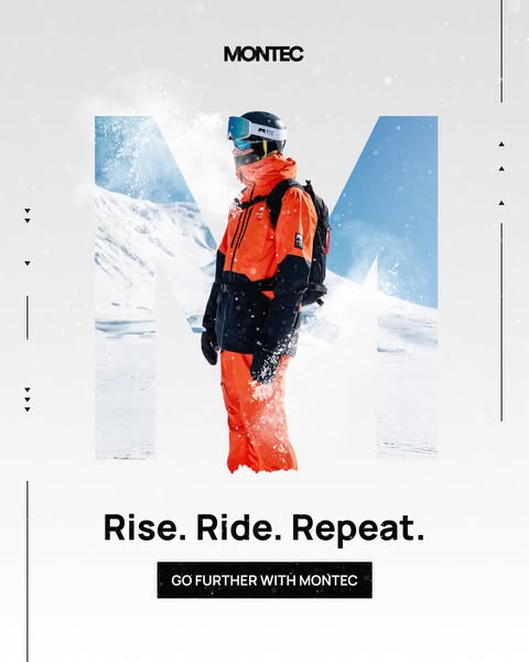 This image ad for Montec features a snowboarder in their gear, set against a snowy mountain backdrop. The ad uses a mini