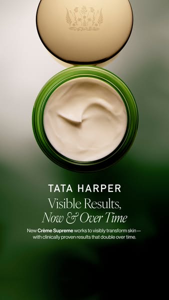 This image ad showcases Tata Harper's Crème Supreme, emphasizing visible skin transformation and clinically proven r