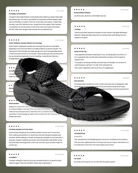This ad showcases the Zorali Trailblazer Sandals through a compilation of customer testimonials, emphasizing their comfo