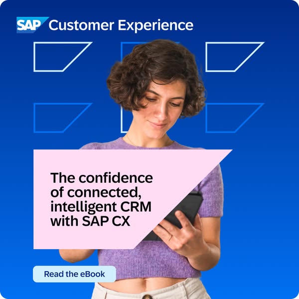 This image ad for SAP Customer Experience features a woman holding a tablet and looking down at it. The ad promotes the 