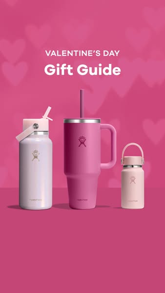 This ad is for Hydro Flask's Valentine's Day Gift Guide. It features three different Hydro Flask products in pin