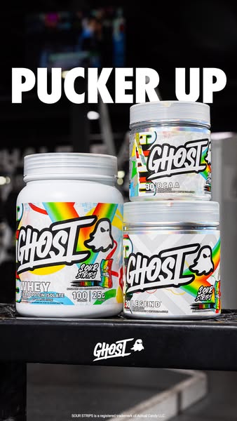 This image ad promotes Ghost brand supplements in sour strips flavor.