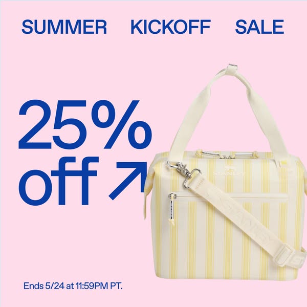 This image ad promotes a Summer Kickoff Sale with 25% off, featuring a Stanley cooler bag with yellow stripes. The sale