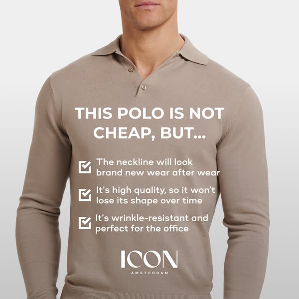 An image ad for Icon Amsterdam polo shirt, which features a close-up of the polo on a model. Text overlays the image hig