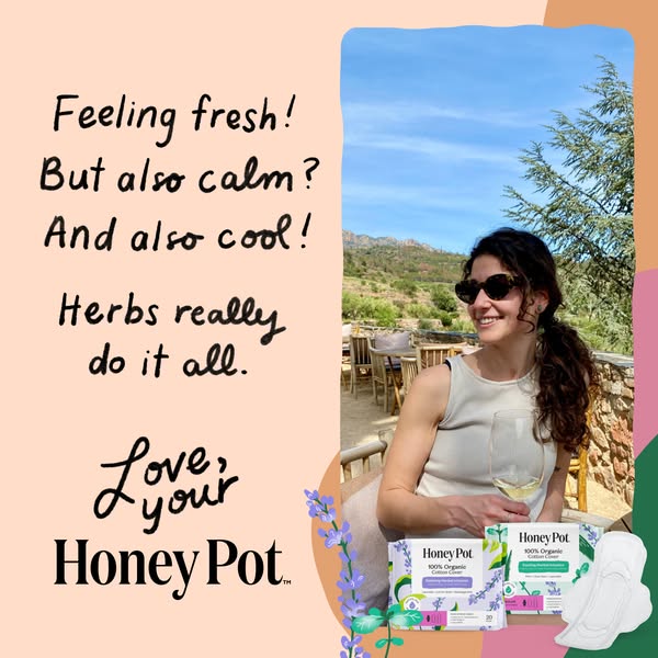 This ad for Honey Pot feminine care products shows a woman outside on a sunny day with two packages of the product in th
