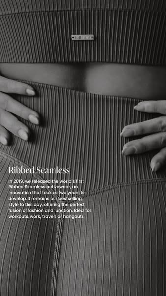 A close up of a model wearing ribbed seamless activewear. The ad highlights the product's innovative design and vers