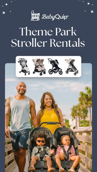 This ad for BabyQuip features a family with two young children enjoying a theme park outing with a double stroller rente