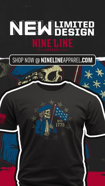 An image ad advertising a black t-shirt from Nine Line Apparel with a skeleton wearing a blue hat and holding a flag des