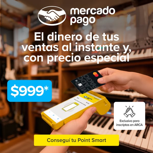This image ad promotes Mercado Pago's Point Smart device, highlighting its instant payment processing and special pr
