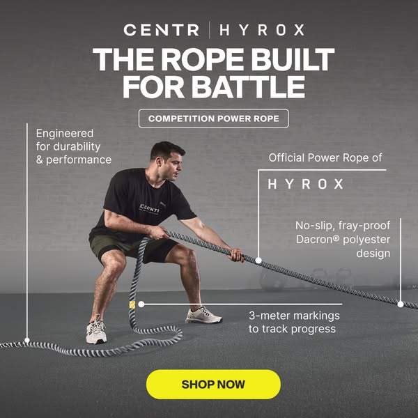 This image ad showcases the Centr Hyrox competition power rope. It emphasizes the rope's durability and performance,