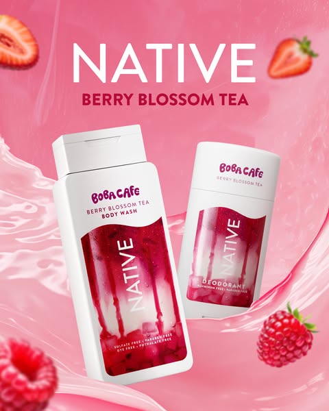 Image ad featuring Native body wash and deodorant in a "Berry Blossom Tea" scent, which is a collaboration wit