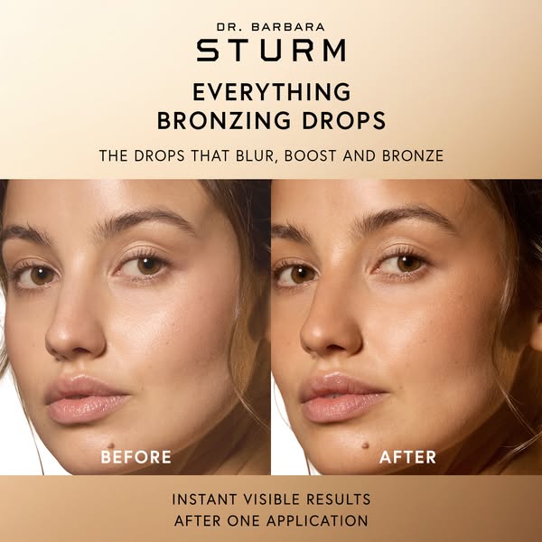 This image ad features the Dr. Barbara Sturm Everything Bronzing Drops, highlighting its ability to blur, boost, and bro