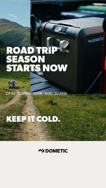 This image ad for Dometic promotes their CFX5 portable cooler, ideal for road trips and keeping items cold. The ad featu