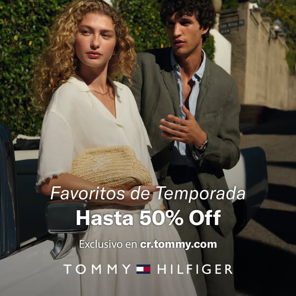 This image ad promotes Tommy Hilfiger clothing and accessories, featuring two models in seasonal attire, and advertises 