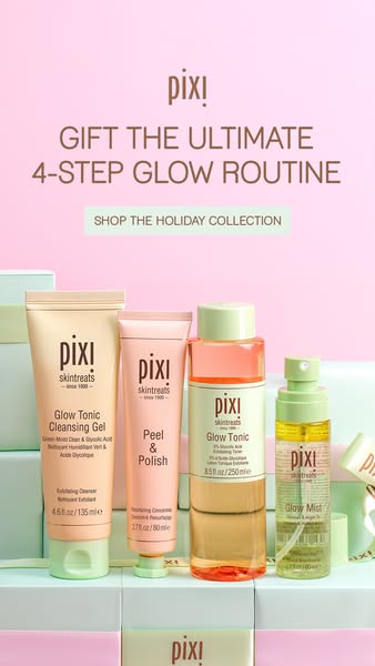 This ad showcases Pixi's 4-step glow routine, encouraging viewers to shop the holiday collection. It features four s