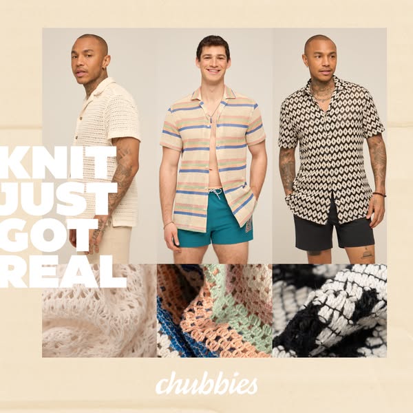 This ad features three different men modeling knit shirts from Chubbies, showcasing the versatility of the shirts and th