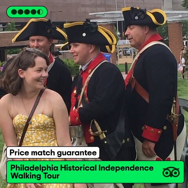 This image ad promotes a Philadelphia Historical Independence Walking Tour. It features a woman smiling at men dressed i