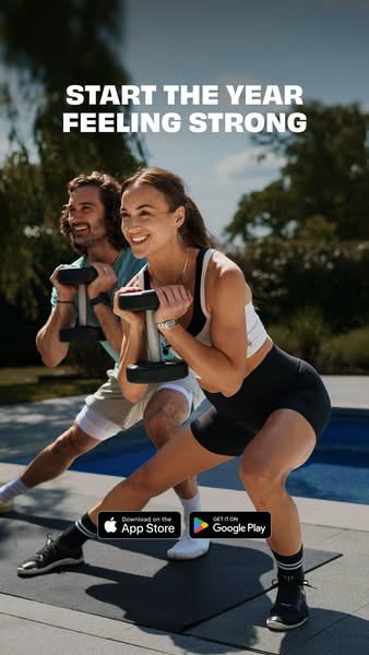 This ad promotes a fitness app and features a man and woman working out with dumbbells. The ad encourages viewers to sta
